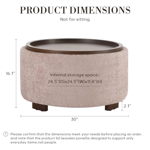 Zihanhome 30" Round Chenille Storage Ottoman Coffee Table with Removable Tray Top, Large Hidden Storage Ottoman, Solid Wood Legs for Living Room, Bedroom, Apartment (Pink) - color: Pink