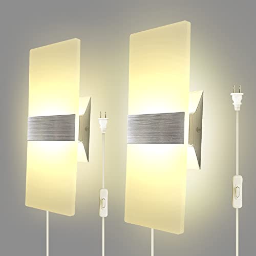KICAAO Modern Wall Sconce 2Pack Plug in 10W Warm White 2700K | Acrylic Wall Lights With 6FT/180cm Plug in Cord and On/Off Switch on The Cord - color: Warm White 2700K 2Pack