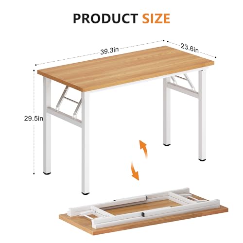 DlandHome 39 inches Folding Table Computer Desk Portable ActivityTable Conference Table Home Office Desk, Fully Assembled Teak and White DND-ND5-100TW | Foldable Writing Table for Small Spaces Bedroom, No Assembly Required, Wood Top Metal Frame, Collapsib
