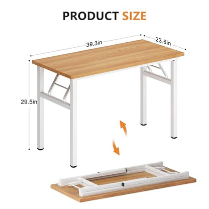 DlandHome 39 inches Folding Table Computer Desk Portable ActivityTable Conference Table Home Office Desk, Fully Assembled Teak and White DND-ND5-100TW | Foldable Writing Table for Small Spaces Bedroom, No Assembly Required, Wood Top Metal Frame, Collapsib