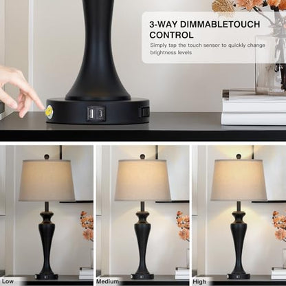 CINSARY 30“ Black Table Lamps for Living Room, 3-Way Dimmable Touch Control Lamp with USB A+C Ports and AC Outlet, Tall Bedside Lamps Set of 2, Metal Bedroom Lamp for Nightstand, 2 Bulbs Included - color: Black (2 Pack)