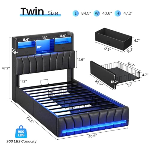 DICTAC Twin Bed Frames with Storage Headboard and 2 Large Drawers, Gaming Bed with RGB Lights and Charging Station, Leather Upholstered Platform Bed, Esports-Style Bed, No Box Spring Needed, Black - color: Black, size: Twin