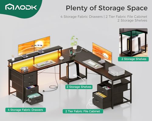 AODK 66" L Shaped Computer Desk, 113“ Reversible Home Office Desk with File Cabinet & 4 Fabric Drawers, Two Person Desk with LED Lights & Power Outlet, Corner Gaming Desk with Monitor Shelf, Black | Desk with File Cabinet & 4 Fabric Drawers, Monitor Shelf