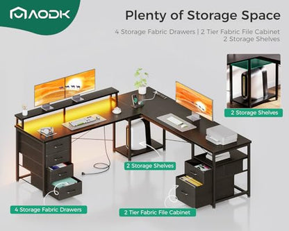 AODK 66" L Shaped Computer Desk, 113“ Reversible Home Office Desk with File Cabinet & 4 Fabric Drawers, Two Person Desk with LED Lights & Power Outlet, Corner Gaming Desk with Monitor Shelf, Black | Desk with File Cabinet & 4 Fabric Drawers, Monitor Shelf