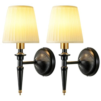 Battery Operated Wall Sconces Set of 2, Wireless Rechargeable Wall Lights with 12 RGB Colors and 3CCT Dimmable, Small Fabric LED Wall Lamps for Bedroom, Living Room, Hallway, Black Gold - color: Black Gold