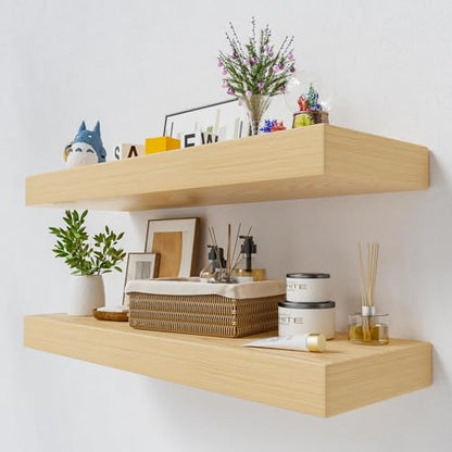 24 inch Long White Oak Floating Shelves for Wall, 8in Deep, Set 2 | 2" Thick Wood Wall Shelf, Heavy Duty Bracket, Bathroom Bedroom Kitchen Living Room, Non-tilting, 50LBS Capacity - color: White Oak, size: 23.6 x 7.9 x 2 (2pc)