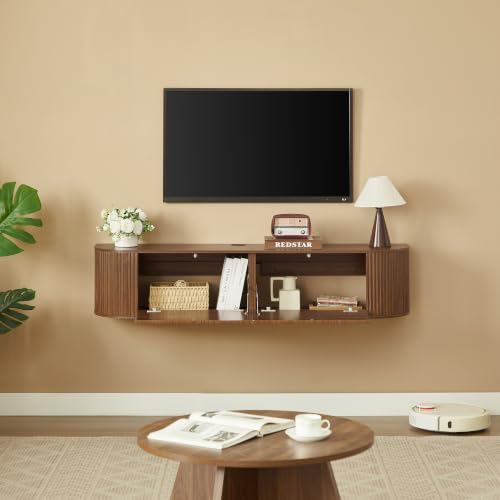 LUMISOL 55” Wall Mounted Floating TV Cabinet with Fluted Doors, Media Console with Cable Management Holes for Living Room, Bedroom, Walnut - size: 55.12"L x 12.6"W x 11.81"H