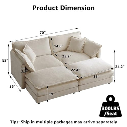 Aoowow Modular Sectional Sofa Modern Convertible Loveseat Couch,77.16 Inch Deep 2-Seater Sofas Comfy Chenille Cloud Sofas and Couches Set with 2 Movable Ottoman for Living Room Apartment（Light Coffee） - color: Light Coffee, size: 2 Seat + 2 Ottoman