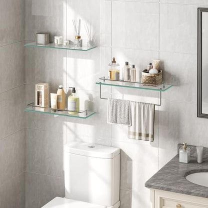 HOOBRO Glass Shelves for Bathroom, 15.7 Inch Floating Glass Shelf for Wall, Set of 2 Tempered Stainless Steel Wall Mounted Stand for Toilet, Room Decor, Silver SV02BJ01