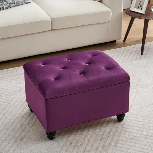 Zihanhome Velvet Storage Ottoman Bench, Button Tufted Ottoman with Hidden Storage, Upholstered Foot Rest Stool with Solid Wood Legs for Living Room, Bedroom, Entryway & Small Spaces (Purple) - color: Velvet-purple