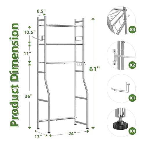Simple Trending 3 Tier Over The Toilet Rack, Bathroom Shelves with 4 Hooks and Paper Holder, Bathroom Stand Organizer Space Saver, Chrome