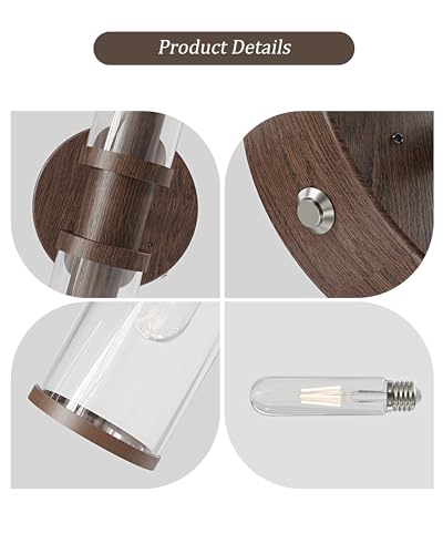 Rayogale Walnut Wireless Battery Operated Wall Sconces with Remote Control | Glass Rechargeable Wall Lights Set of 2 with Timer Function Dimmable for Living Room Bedroom Emergency 3000K, 20.5 Inch - color: Walnut(Clear Tubular Lampshade)