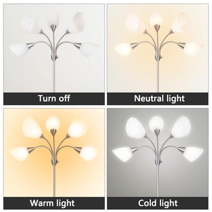 Floor Lamp, 5 Adjustable Neck Heads with Lampshades, Multi-Light Standing Reading Lamp for Living Room, Bedroom, Office - color: Satin Nickel