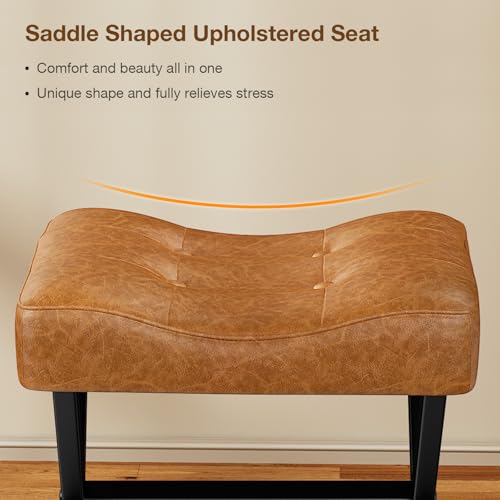 18-Inch Large Leather Vanity Stool Chair, Brown Makeup Stool | Vanity Bench, Metal X-Leg, 350 LBS, 20"x16.9"x18", Ottoman Accent Stool, Thick Padded Saddle Seat, For Living Room Bedroom - size: Large, style: Brown Leather
