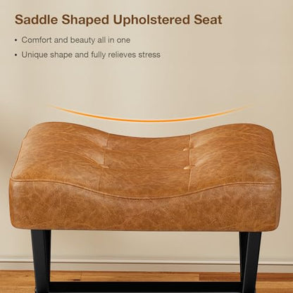 18-Inch Large Leather Vanity Stool Chair, Brown Makeup Stool | Vanity Bench, Metal X-Leg, 350 LBS, 20"x16.9"x18", Ottoman Accent Stool, Thick Padded Saddle Seat, For Living Room Bedroom - size: Large, style: Brown Leather
