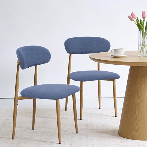 FREKEN Modern Upholstered Dining Chairs Set of 2, Mid-Century Metal Frame with Wood Grain, Linen Fabric Side Chair for Kitchen Dining Room, 350lbs Capacity, Blue - color: Blue - Wood Grain Legs, size: Set of 2