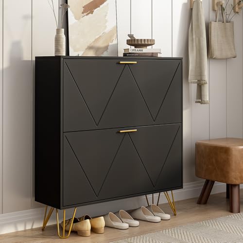 Tradare Black Shoe Cabinet Storage for Entryway, Narrow Shoe Cabinet with 2 Flip Drawers,Freestanding Organizer with Fluted Panel for Living Room, Bedroom, Hallway, Closet, Holds 24 Pairs - color: Black, size: 1 PC