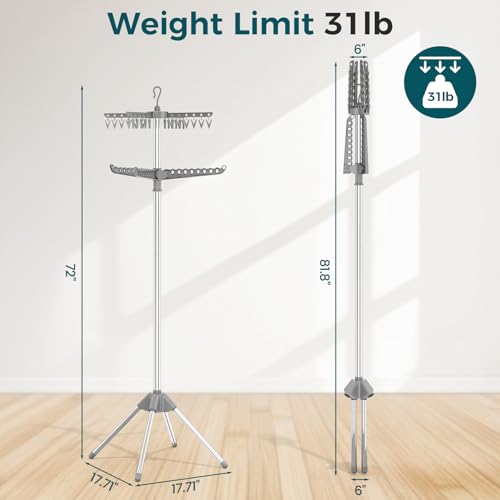 KINGBOARD 2-Tier Clothes Drying Rack, 72" H Drying Rack, 7 Rotatable Arms | 360° Rotatable Arms, 27 Hanger Holes, 24 Clips, Stainless Steel, Tool-Free Setup, Portable for Travel & Home, 30lbs Hold - size: 2 Tier