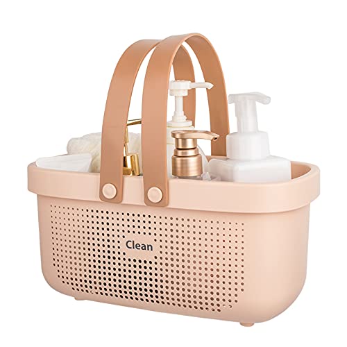 JiatuA Plastic Storage Basket with Handle Portable Shower Caddy Tote Organizer Basket Bin for Bathroom Kitchen Dorm Room Bedroom, Pink | Sturdy Drainage Large Capacity Organizer Basket with Silicone Handles for Bathroom Kitchen Bedroom College Dorm Essent