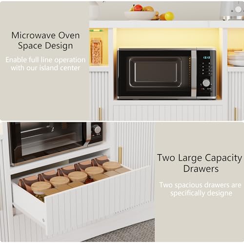 Kitchen Island with Storage, Island Table for Kitchen with Power | Outlet & LED Light, Rolling Buffet Cabinet with Sliding Door, 2 Drawers, Microwave Cart, Large Faux Marble Countertop, White - color: White