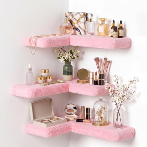 Pinkunn 3 Pack Pink Floating Corner Shelves for Wall Fuzzy Display Nail Polish Rack L-shaped Hanging Display Wall Mounted Shelf for Storing Valuable Collectible Perfume Cosmetics Handbags Vanity Decor