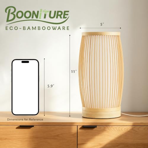 Set of 2 Small Table Lamps, 11" Japandi Bamboo Bedside Lamps with Beige Linen Shades, Boho Nightstand Lamps for Bedroom, Living Room, Dorm Room, Natural - color: Nature