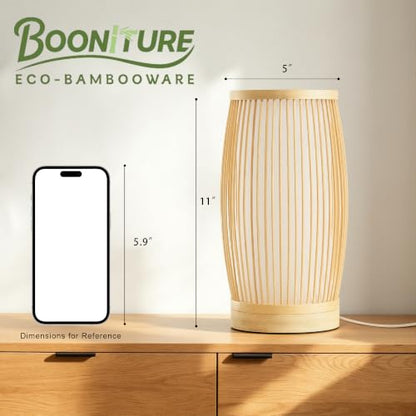 Set of 2 Small Table Lamps, 11" Japandi Bamboo Bedside Lamps with Beige Linen Shades, Boho Nightstand Lamps for Bedroom, Living Room, Dorm Room, Natural - color: Nature
