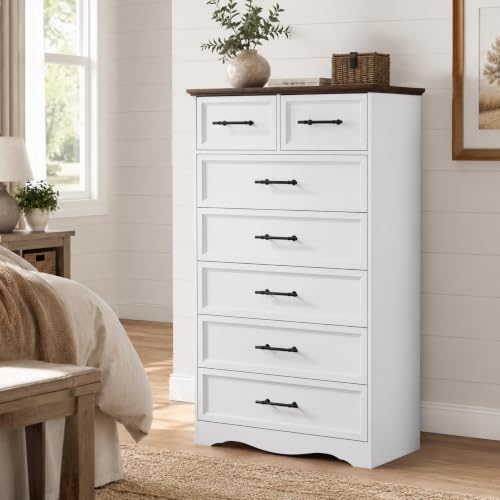 White Dresser for Bedroom, Modern 7 Chest of Drawers, 52" Tall Chest of Drawers w/Brushed Metal Handle, Wood Closet Organizers and Storage Cabinet for Bedroom, Living Room, Hallway - color: White, size: 15.7"D x 52.1"W x 31.1"H (7 Drawers)