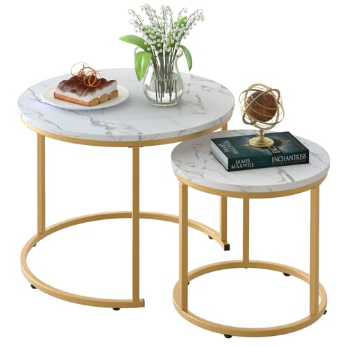 aboxoo Coffee Table Nesting White Set of 2 Side Set Golden Frame Circular Round and Marble Pattern Wooden Tables, Living Room Bedroom Apartment Modern Industrial Simple Nightstand - color: Gold White