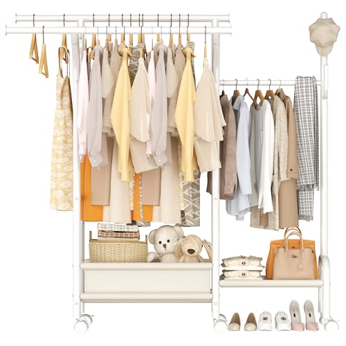 Homeiju Heavy Duty Clothes Rack Load 500LBS, Three Rods Clothing Racks for Hanging Clothes Extendable, Rolling Garment Rack with Sturdy Wheels, Basket, Storage Shelves, White - color: White