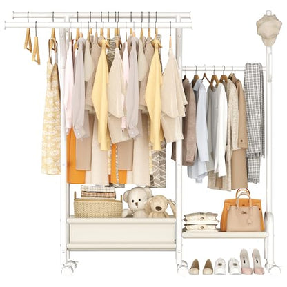 Homeiju Heavy Duty Clothes Rack Load 500LBS, Three Rods Clothing Racks for Hanging Clothes Extendable, Rolling Garment Rack with Sturdy Wheels, Basket, Storage Shelves, White - color: White