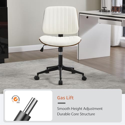 VipDesk Small Home Office Chair - Armless Mid Back Desk Chair with 360° Swivel and Wheels, PU Upholstered Height Adjustable Modern Walnut Computer Chair for Home, Office Meeting Room - White - color: White, size: Classic