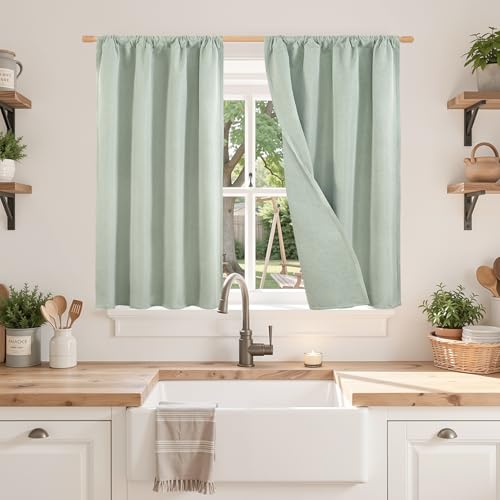 BGment Sage Green Short Linen Blackout Curtains 40 Inch Length, Thermal Insulated Drapes with Rod Pocket Room Darkening for Bedroom Window Privacy, 2 Panels Set, Each 30 Inch Wide - color: Sage Green, size: 30"W x 40"L (Pack of 2)