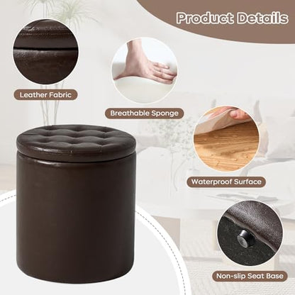oakvivo Round Set of 2 14.76" L x 14.76" W x 17.32" H Faux Leather Ottoman with Storage, Small Foot Rest Storage Ottomen with Lid Living Room, Bedroom Vanity Stool Chair, Coffee - color: Coffee