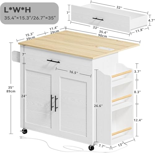 IRONCK Kitchen Island with Storage, Charging Station and Drop Leaf, White | Wheels, Drawers, Open Shelves, Drawer Storage, Everyday Home Use - color: White