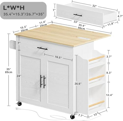 IRONCK Kitchen Island with Storage, Charging Station and Drop Leaf, White | Wheels, Drawers, Open Shelves, Drawer Storage, Everyday Home Use - color: White