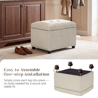 24" Ottoman with Storage,Fabric Tufted Storage Ottoman with Legs | Rectangle Upholstered Ottoman Bench Foot Stool for Living Room Bedroom Entryway,Nailhead Trim,400 lbs Capacity, Beige - color: Beige