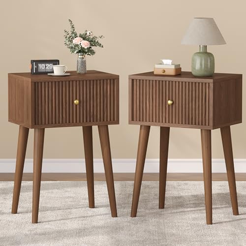 Akxomel Small Nightstand Set 2 Fluted Wooden Nightstands Wood Legs Walnut | Bedside Table with Storage Drawer, Modern Mid-Century End Side Table with Solid Wood Legs, for Bedroom, Office, Small Space - color: Walnut