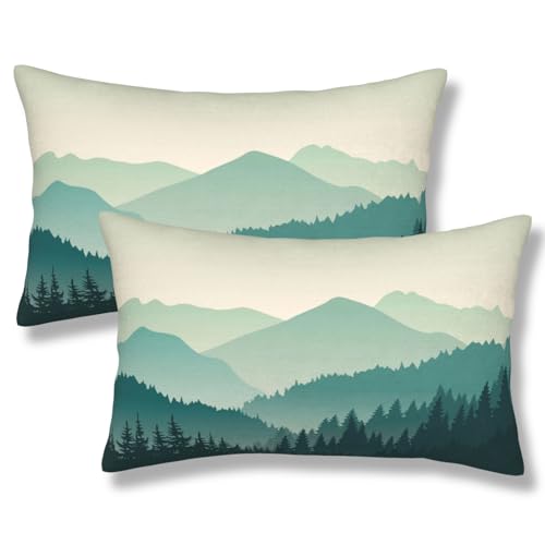 Beautiful Green Mountain Landscape Throw Pillow Covers Misty Pine Tree Mountains Lumbar Pillow Cover 12x20 Inch Set of 2 Foggy Forest Pillowcase Rectangle Cushion Cases for Bed Sofa - color: Cyan, size: 20" x 12" (Pack of 2)