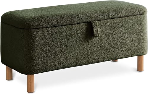 Boucle Storage Ottoman Bench for Bedroom end of Bed, Sherpa Upholstered Shoe Seat Storage Bench for Entryway Bed Foot, Rectangle Cushion Padded Blanket Chest Cute for Living Room, Blackish Green - color: Blackish Green