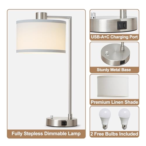 Silver Table Lamp Set of 2, Dimmable Bedside Lamps for Night Stand, USB A+C | Nightstand Lamp with Linen Lampshade, 2 LED Bulbs Included, Desk Lamp for Bedroom, Living Room, End Table, Reading , Office - color: Silver