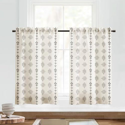 Lino Rosa Boho Kitchen Curtains 36 Inch Length,Sheer Linen Modern Farmhouse Style Half Curtains for Windows Bathroom,Black and Cream White,24x36 in Long - color: Black, size: 24"W x 36"L (Pack of 2)