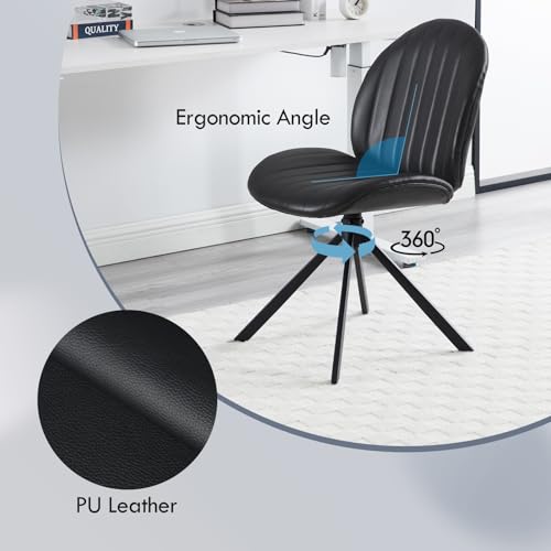PU Leather Swivel Office Chair No Wheels, Small Comfy Mid Century Armless Desk Chair, Cute Swivel Vanity Chairs No Wheels for Small Spaces, Bedroom,Living Room,Home Office, Black - color: Black-pu