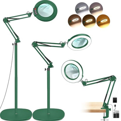 LANCOSC 15X Magnifying Glass with Light and Stand, 3-in-1 Adjustable Swing Floor Lamp, 5 Color Modes Stepless Dimmable, LED Lighted Hands Free Magnifier & Clamp for Reading, Crafts, Painting - Green - color: Green