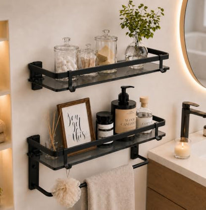 Glass Shelf for Bathroom 15.7 in Black Bathroom Shelves Wall Mounted Tempered Glass Shelving with 4 Removable Hooks (2 Tier) - color: Black