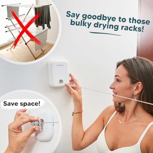 Retractable Clothesline Indoor Outdoor Clothes Line | Heavy Duty Clothes Drying Laundry Line | Wall Mounted Drying Rack Clothing Line - style: White