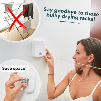 Retractable Clothesline Indoor Outdoor Clothes Line | Heavy Duty Clothes Drying Laundry Line | Wall Mounted Drying Rack Clothing Line - style: White