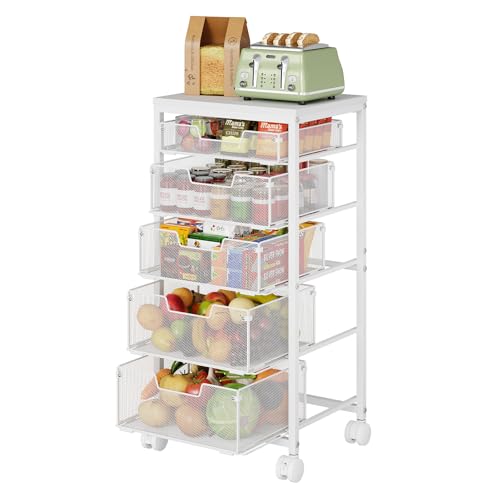 Kitchen Storage Cart with Wheels, 5-Tier Fruit Vegetable Storage Cart, Kitchen Organizer and Storage Cart with Drawers, Wooden Top Metal Wire Pantry Storage Cart for Fruit Snack Onion Potato, White - size: 5-Tier White