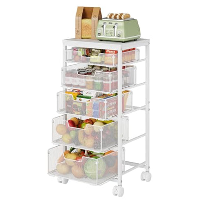 Kitchen Storage Cart with Wheels, 5-Tier Fruit Vegetable Storage Cart, Kitchen Organizer and Storage Cart with Drawers, Wooden Top Metal Wire Pantry Storage Cart for Fruit Snack Onion Potato, White - size: 5-Tier White