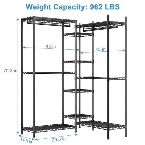 E4 Clothes Rack, Heavy-Duty Garment Rack Can Be L-Shaped Closet, Black | Metal Freestanding Clothing Organization Storage System with Shelves and Hangers, Load 962lbs - color: Black